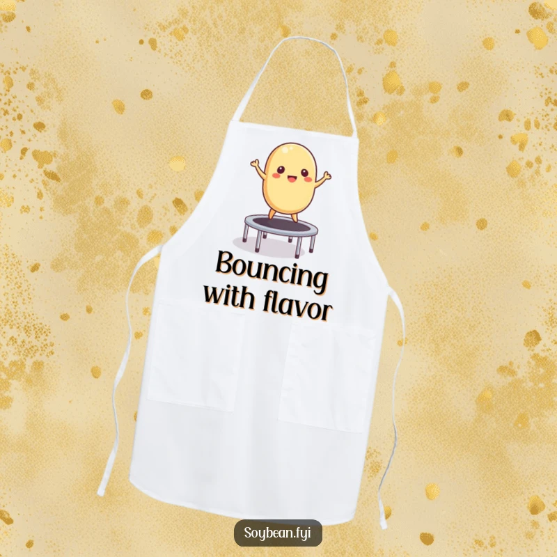 Funny Apron: Chef's apron adorned with a playful soybean enthusiastically bouncing on a trampoline, ready for kitchen fun.