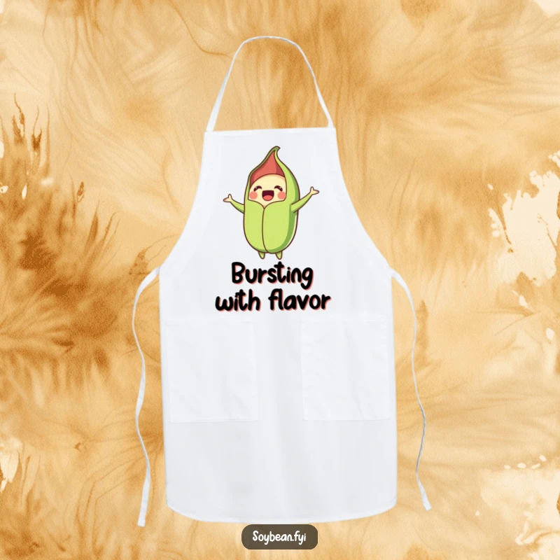 Funny apron showing a vibrant soybean pod bursting with joy, perfect for chefs who love to cook with humor and happiness.