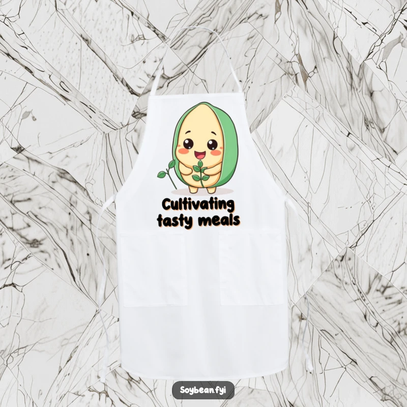 Funny Soybean Apron showing a smiling soybean character ready to cook, holding a tiny plant, perfect for kitchen fun.