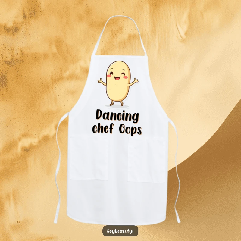 Funny Kawaii soybean character grinning wholeheartedly while performing a silly dance, perfect for a humorous apron.