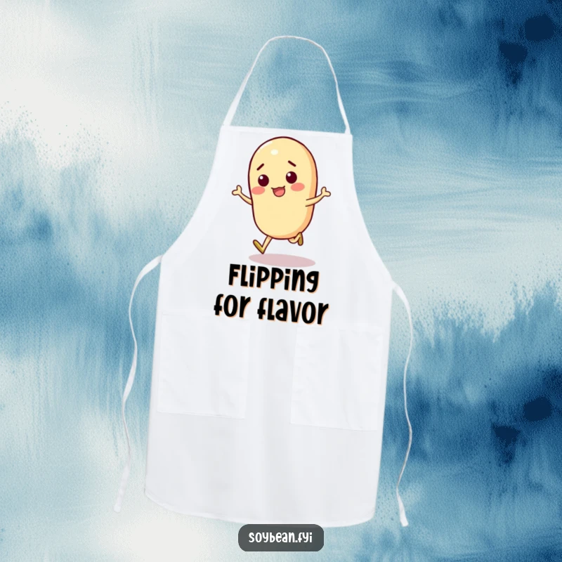 Funny Soybean Apron showing a spirited soybean character happily skipping, ready to cook up a storm.
