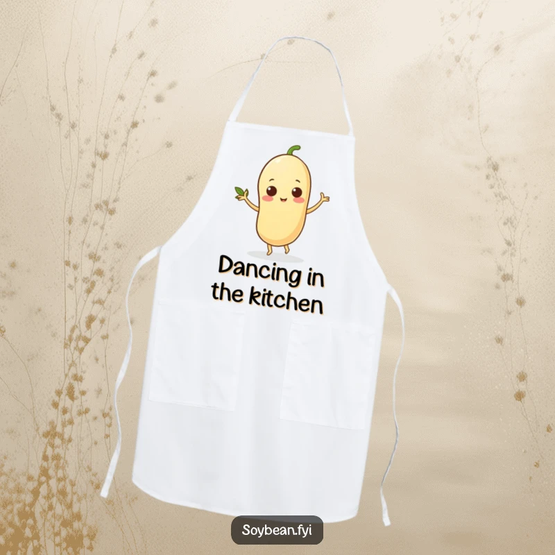 Funny apron showcasing an energetic soybean character dancing with its leafy arms, perfect for cooks who love to move while they cook.
