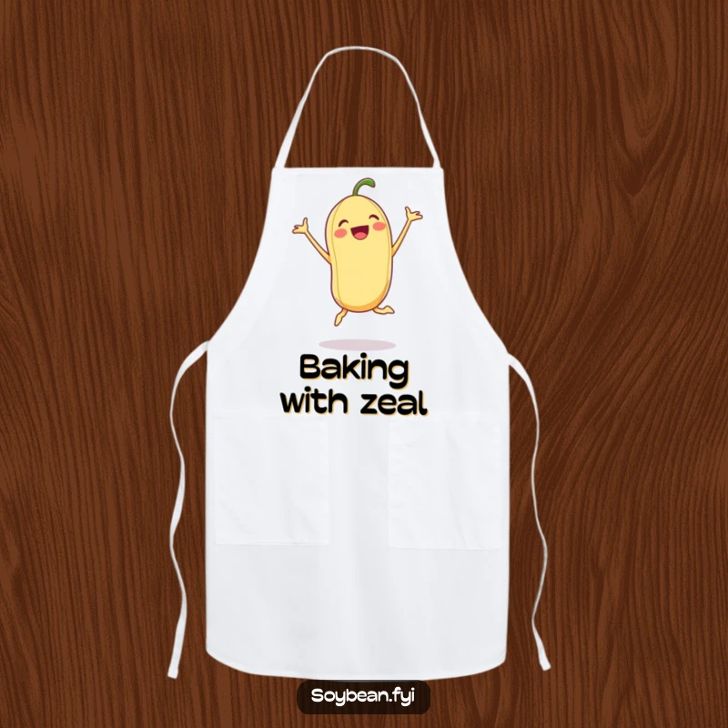 Funny Soybean Apron: An excited soybean doing a jumping jack on an apron, perfect for active cooks and kitchen humor.