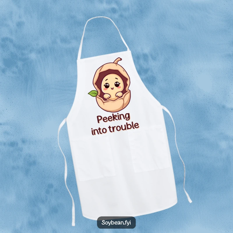 Funny soybean character peeking from a cracked bean pod on a kitchen apron, great for cooking.