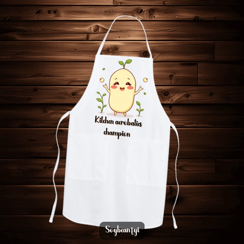 Funny happy soybean apron grinning while juggling tiny sprouts, kitchen accessory for chefs who love skill and humor, an excellent funny gift.