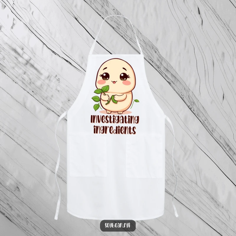 Funny apron showing a kawaii soybean holding a sprout, looking curious, a humorous and practical kitchen accessory for a funny gift.