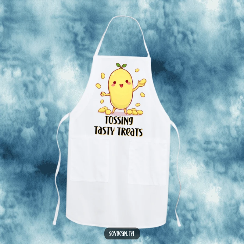 Funny apron with a kawaii soybean character juggling tiny edamame pods, perfect for kitchen fun and demonstrating comedic skill.