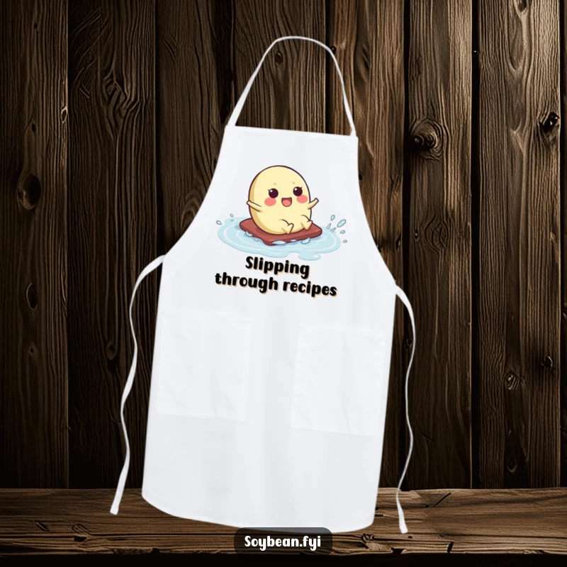 Funny apron with a kawaii soybean character sliding humorously across a wet surface, perfect for kitchen fun and a good laugh.