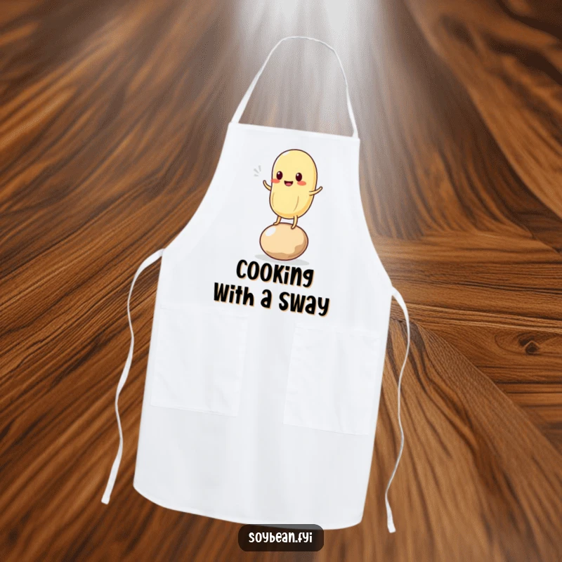 Funny apron illustrating a cute kawaii soybean character attempting to balance on one bean, perfect for kitchen fun and laughter.