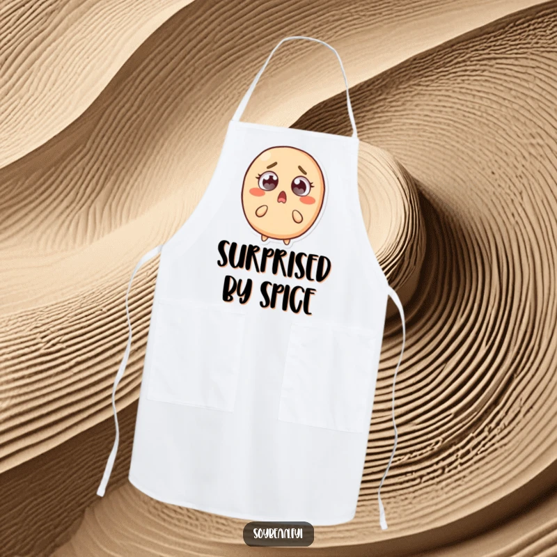 Funny apron with a shocked soybean character, wide eyes and recoiling, ideal for adding humor and protection during cooking.