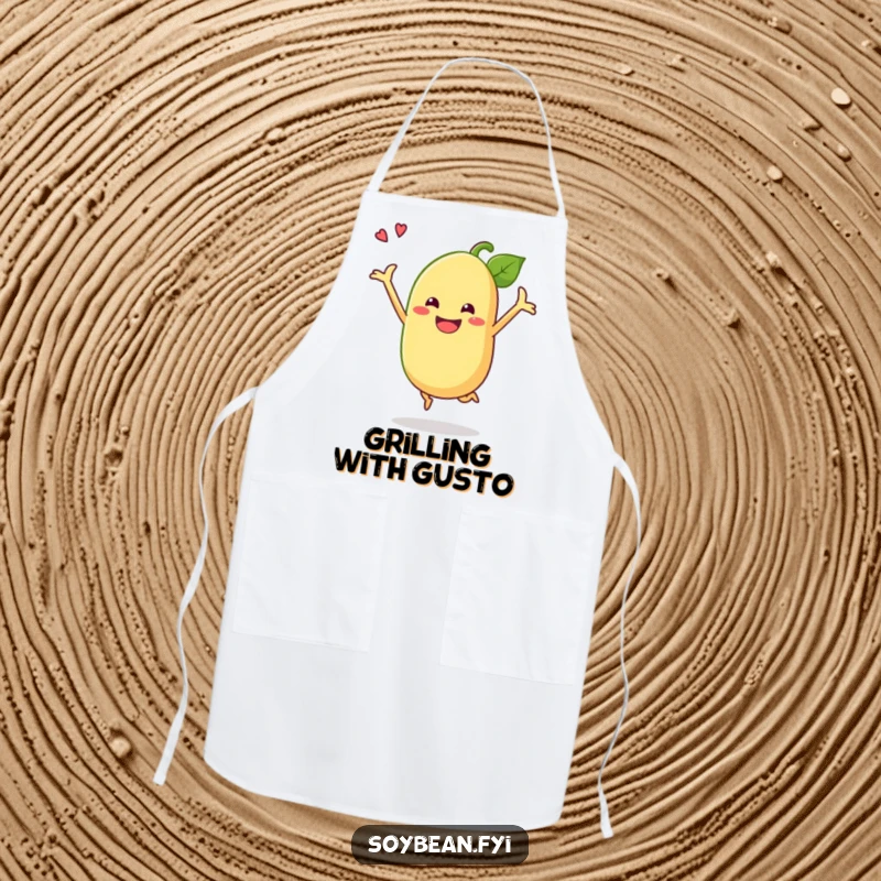 Funny soybean apron with a grinning anthropomorphic soybean doing a celebratory jump, adding humor to kitchen activities.