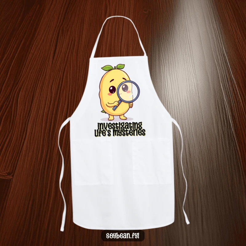 Funny soybean apron with a curious anthropomorphic character holding a magnifying glass, perfect for humorous kitchen tasks.