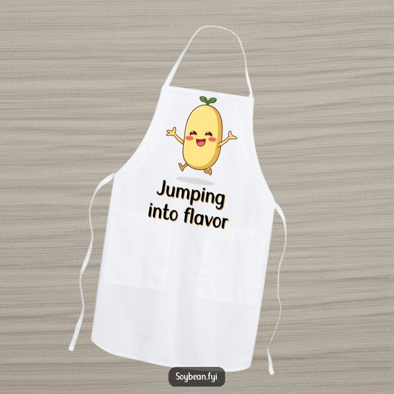 Funny energetic soybean doing a jumping jack on a kitchen apron, great for active cooks.