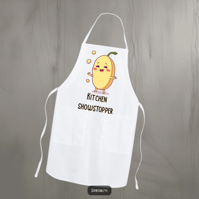 Funny jovial soybean apron, grinning bean juggling pods, protects clothing, adds humor to the kitchen.