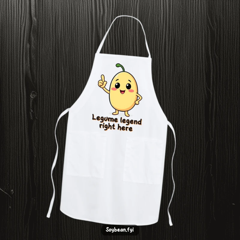 Funny soybean apron with a beaming anthropomorphic character nodding confidently, perfect for humorous cooking.