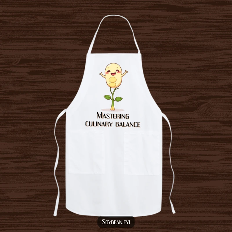 Funny apron design of a gleeful soybean character balancing expertly on a sprout, perfect for kitchen adventures.