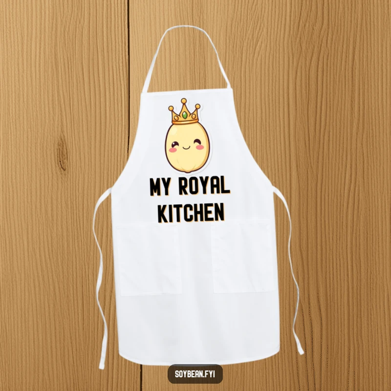 Funny apron showcasing a smiling soybean wearing a crown, perfect for cooks who rule the kitchen with humor and style.