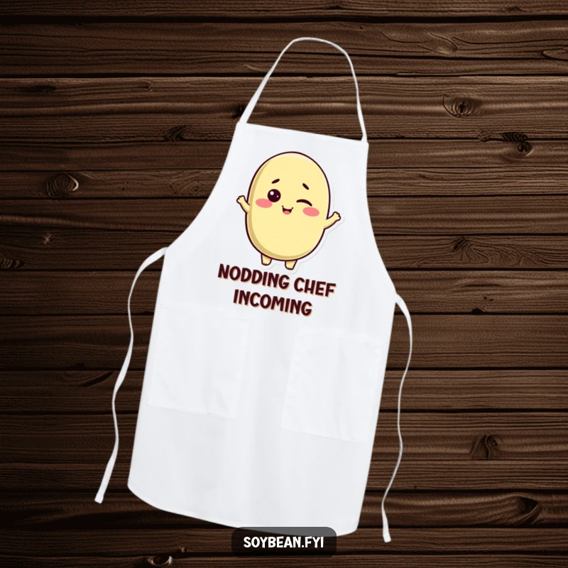 Funny Kawaii soybean character apron, winking playfully and giving a friendly nod, ready for culinary fun.