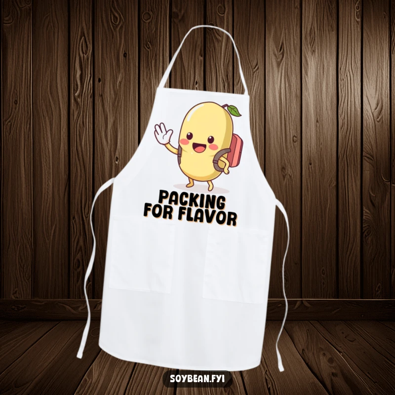 Funny apron showing a kawaii soybean with a backpack waving excitedly, a humorous and practical kitchen accessory for a funny gift.