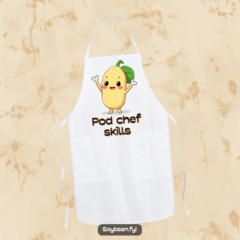 Funny apron showcasing a smiling soybean character in a triumphant pose with its three bean pods, ideal for chefs who enjoy humor while cooking.