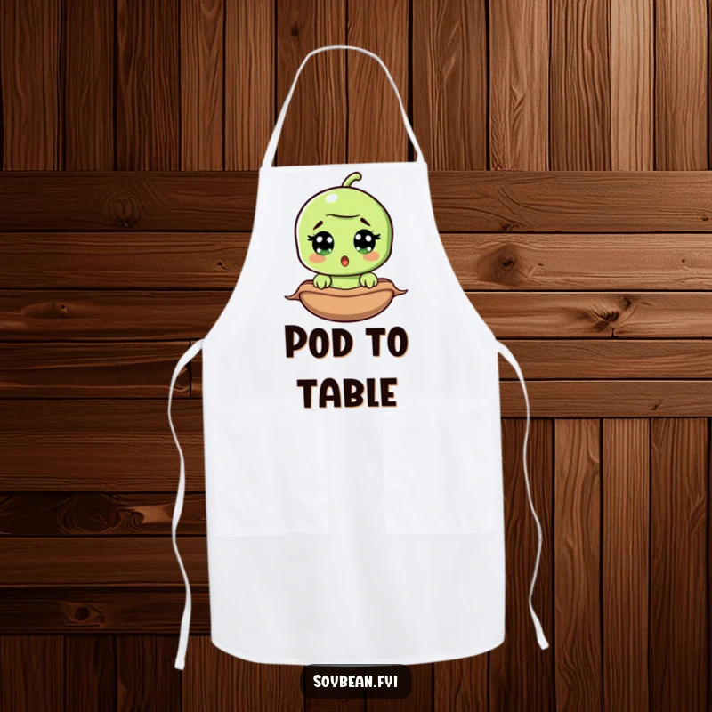 Funny surprised soybean apron, wide-eyed bean peeking from pod, protects clothes, adds humor to cooking.