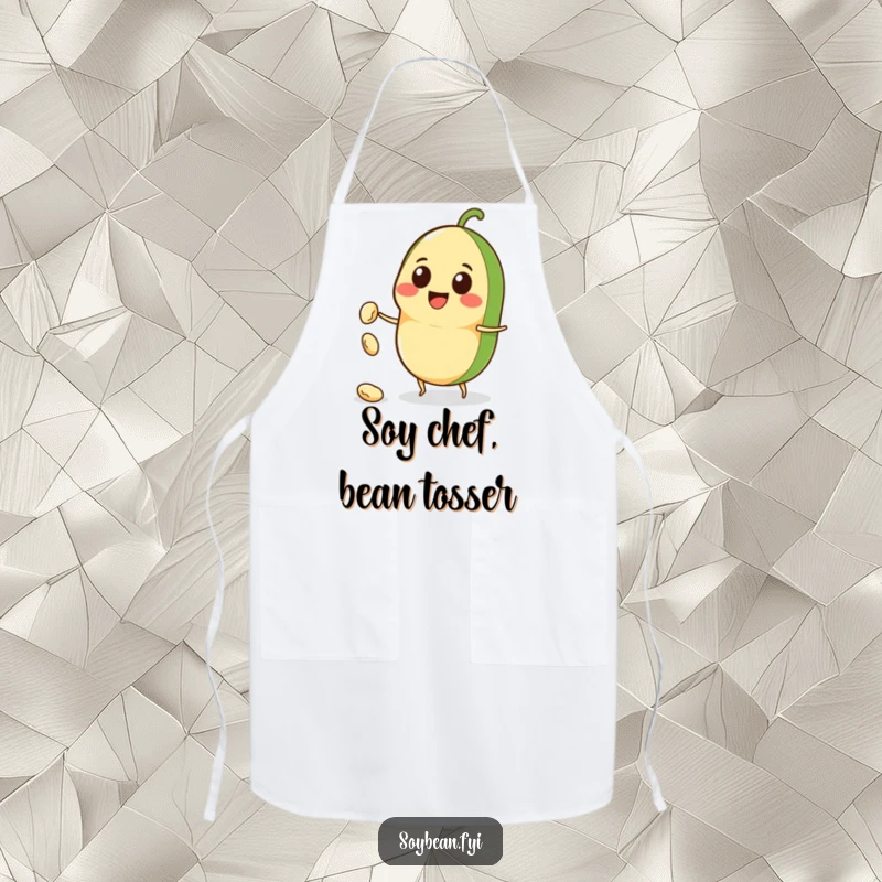 Funny Kawaii soybean character apron, smiling broadly and tossing a tiny bean, ready for kitchen adventures with humor.