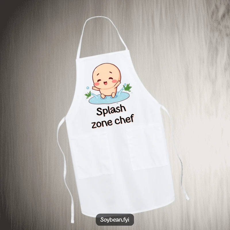 Funny apron with a happy soybean character splashing in a tiny puddle, ideal for adding humor and protection during cooking.