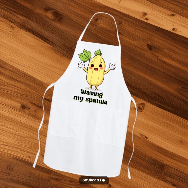 Funny kawaii soybean character happily waving its leafy arms, wearing a funny kitchen apron.