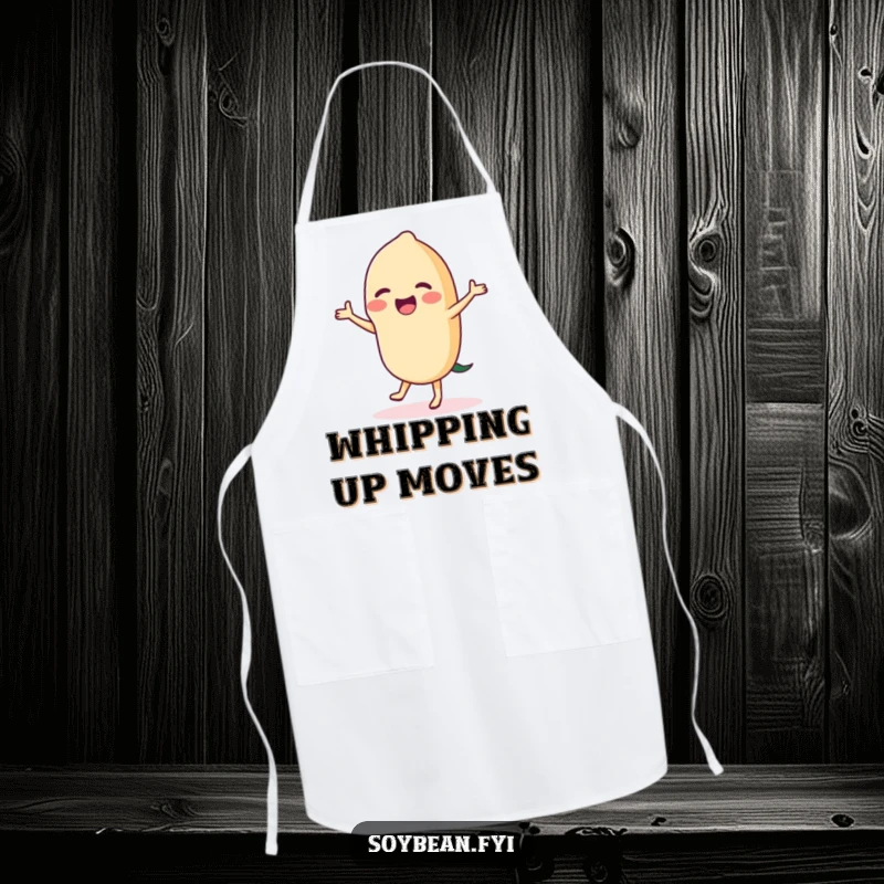 Funny dancing soybean apron design, showing a delighted bean in motion, ready to add humor to any cooking or baking session.