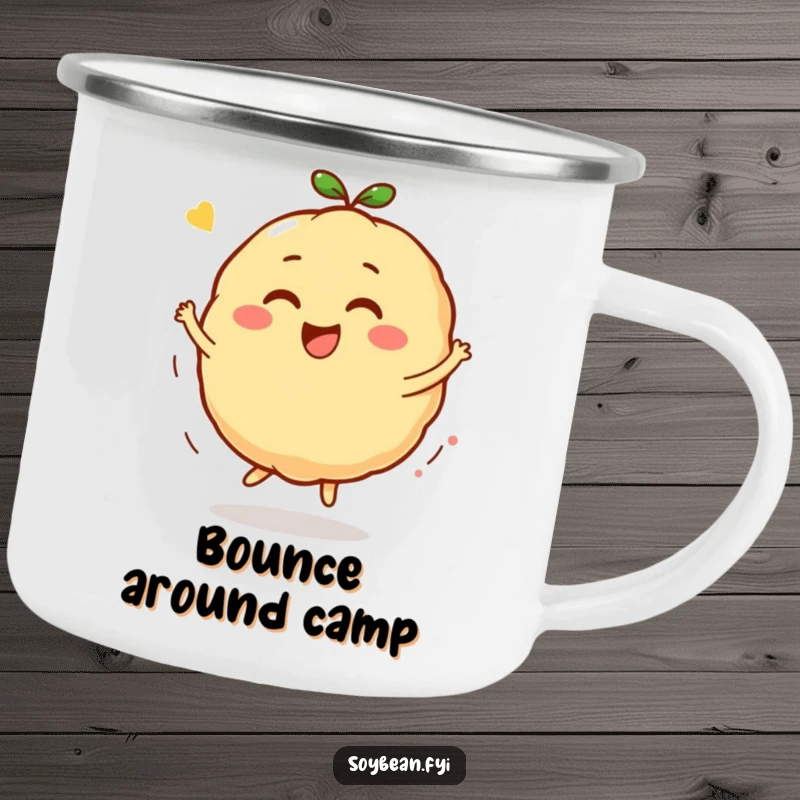 Funny Kawaii soybean character camping mug, depicting the character mid-bounce and spin with an expression of pure, unadulterated joy.