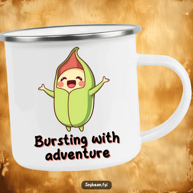 Funny camping mug showcasing a happy soybean pod bursting open with excitement, perfect for outdoor enthusiasts who enjoy a laugh.