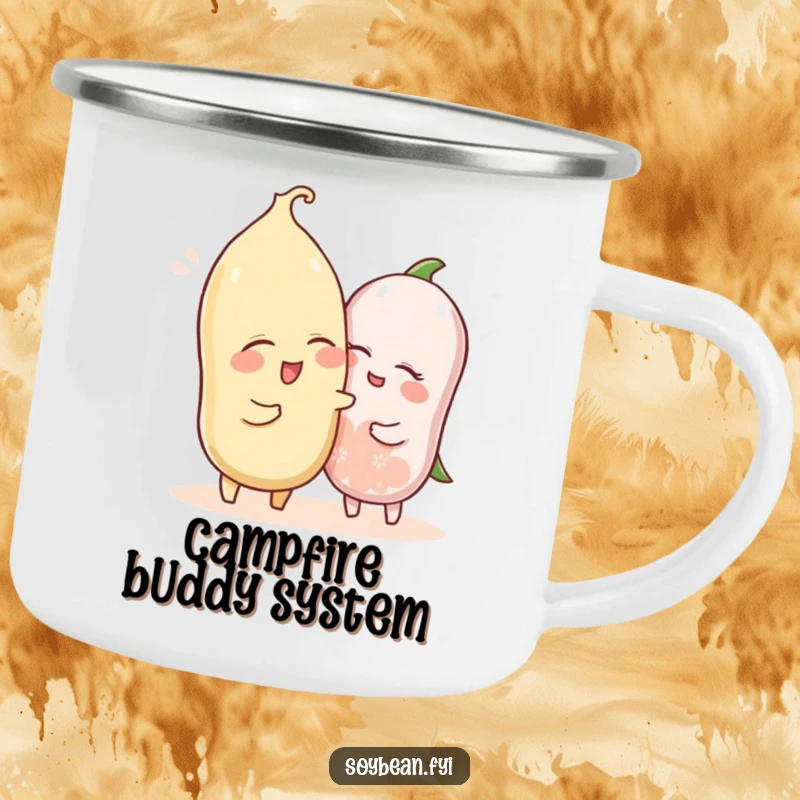 Funny camping mug depicting a winking soybean character playfully nudging another, embodying friendship and shared outdoor moments.