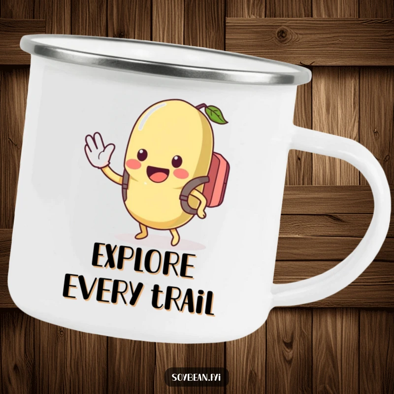 Funny camping mug with a kawaii soybean wearing a backpack, waving enthusiastically, designed for outdoor fun and cheerful humor, a great funny gift.