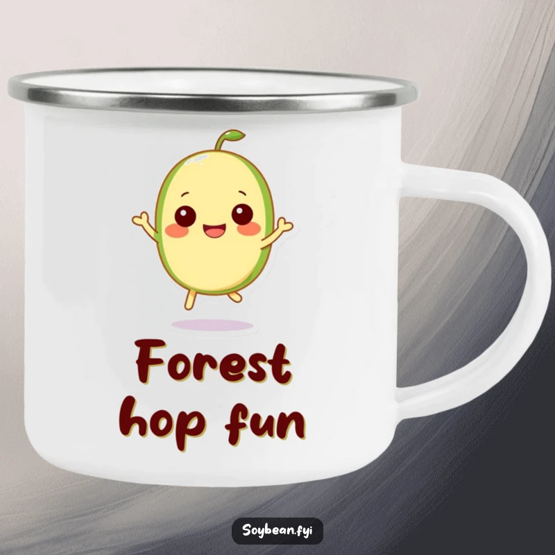 Funny Kawaii soybean character joyfully hopping, ready for outdoor fun and happy sips.
