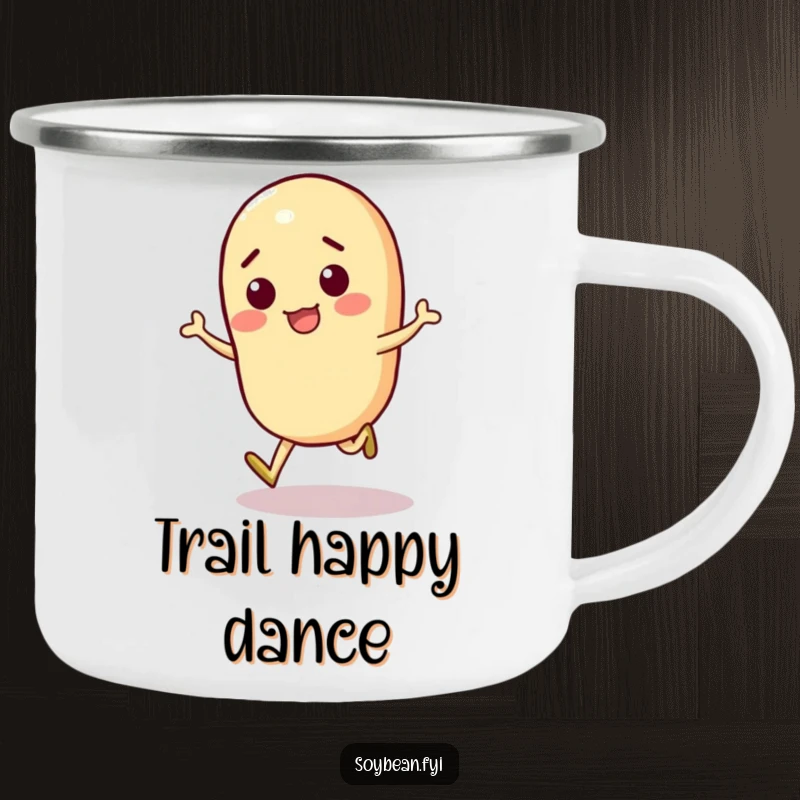 Funny Soybean Camping Mug featuring a playful soybean character doing a joyful skip, durable for any adventure.