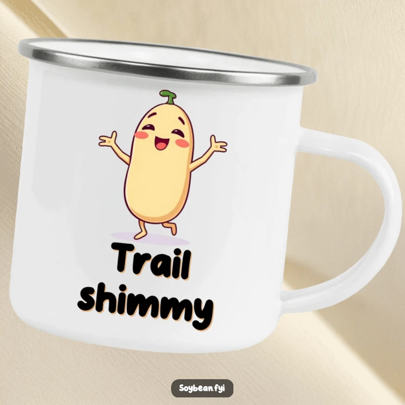 Funny camping mug showcasing a delighted anthropomorphic soybean doing a silly dance, perfect for outdoor humor.
