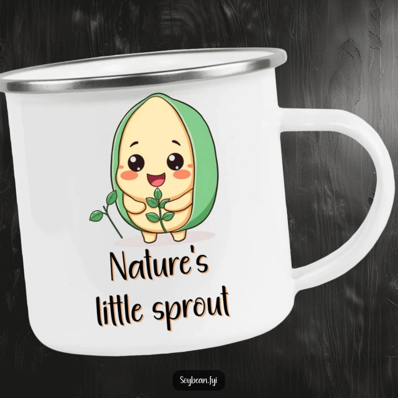 Funny Soybean Camping Mug showing a smiling soybean gardener holding a plant, sturdy and ready for adventures.