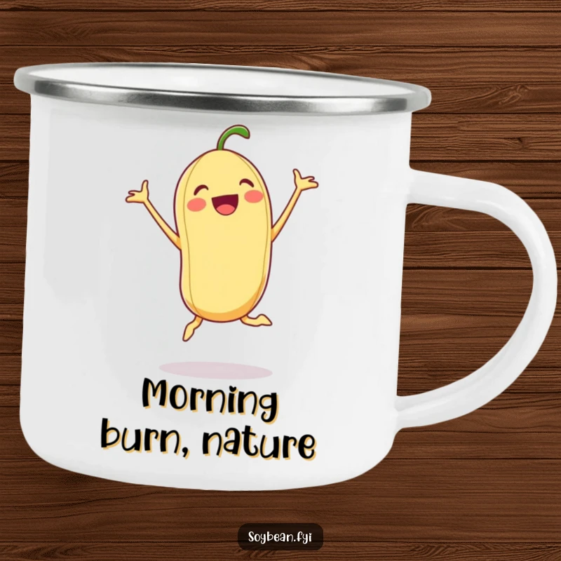 Funny Soybean Camping Mug: An excited soybean doing a jumping jack on a camping mug, perfect for active outdoorsy humor.