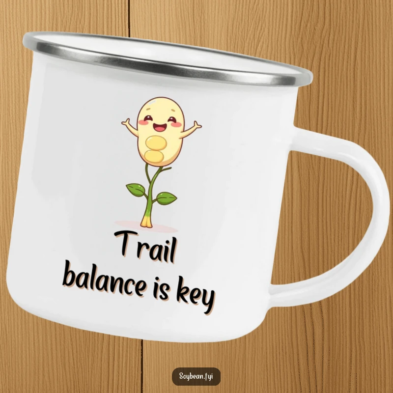 Funny camping mug depicting a gleeful soybean character in perfect balance on a single sprout, ready for outdoor contemplation.