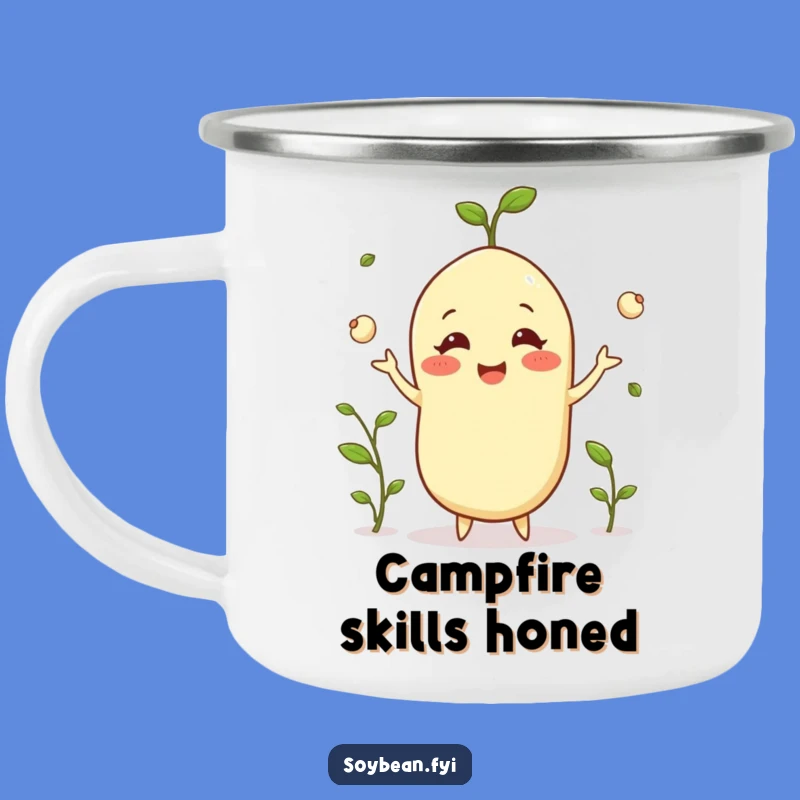 Funny Happy Soybean Camping Mug: Juggling Fun Outdoors!