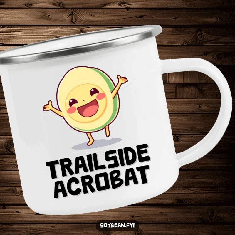 Funny camping mug with a kawaii soybean doing a cartwheel with a grin, designed for outdoor fun and energetic humor, a great funny gift.