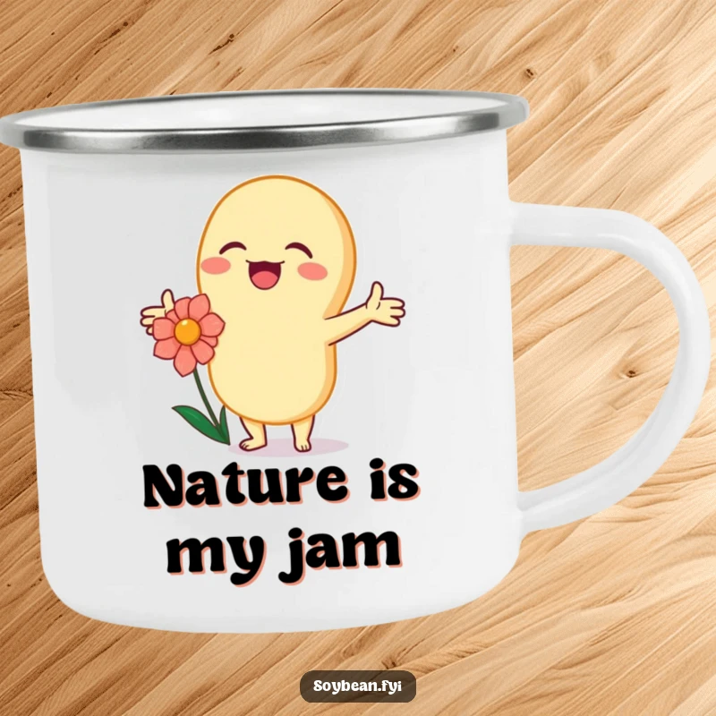 Funny kawaii soybean character joyfully embracing a flower with outstretched arms, on a durable camping mug.