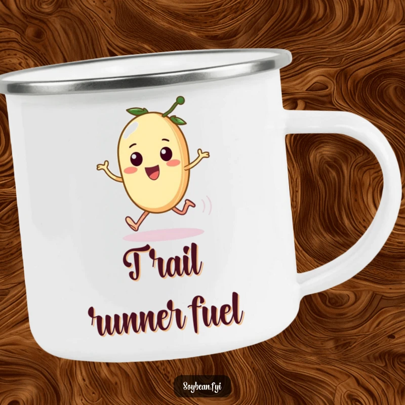 Funny camping mug featuring a kawaii soybean comically sprinting, designed for outdoor fun and a dose of hilarious energy, a great funny gift.