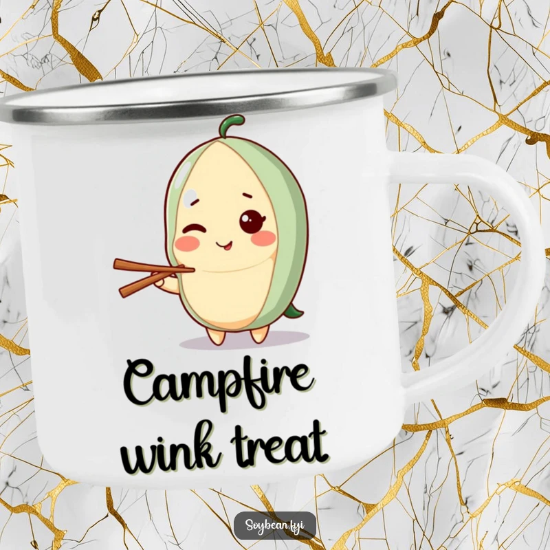 Funny camping mug depicting a kawaii soybean character giving a playful wink while holding a chopstick, ready for charming adventures.