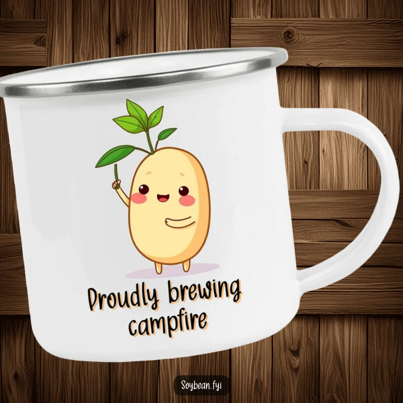 Funny camping mug featuring a proud soybean character holding a tiny sprout, perfect for celebrating success outdoors.