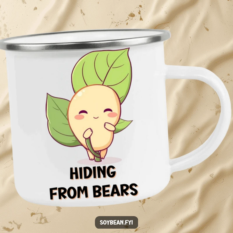 Funny Soybean Camping Mug: A shy soybean peeks from behind a leaf on a rugged camping mug, perfect for outdoor humor.