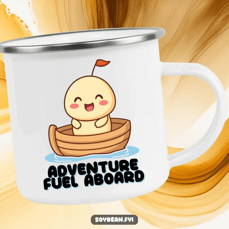 Funny Camping Mug: A happy soybean in a small boat with a cheerful expression, designed for outdoor adventures with a humorous twist.
