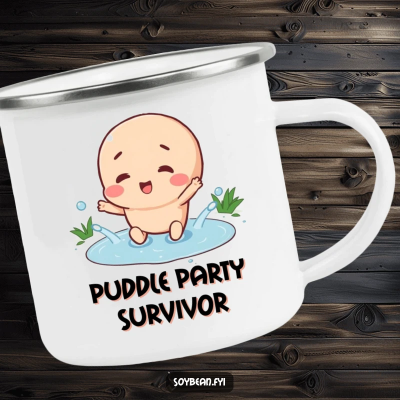 Funny camping mug with a happy soybean character splashing in a tiny puddle, perfect for enjoying beverages during cheerful outdoor moments.