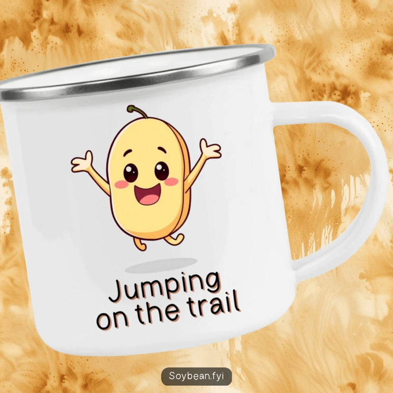 Funny camping mug showing a happy soybean character joyfully jumping, perfect for outdoor enthusiasts who love to share their excitement.