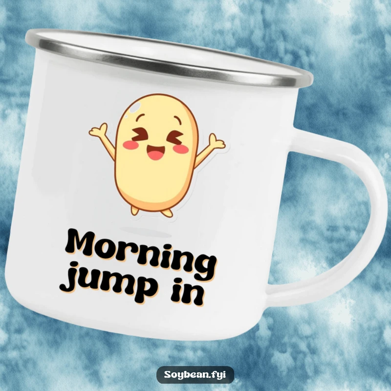 Funny camping mug depicting a kawaii soybean character joyfully jumping with comically crossed eyes, ready for any adventure.